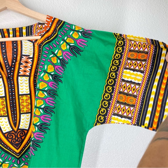 Dashiki Shirt African Print Large Green Short Sleeves Unisex top Festival - Picture 4 of 13